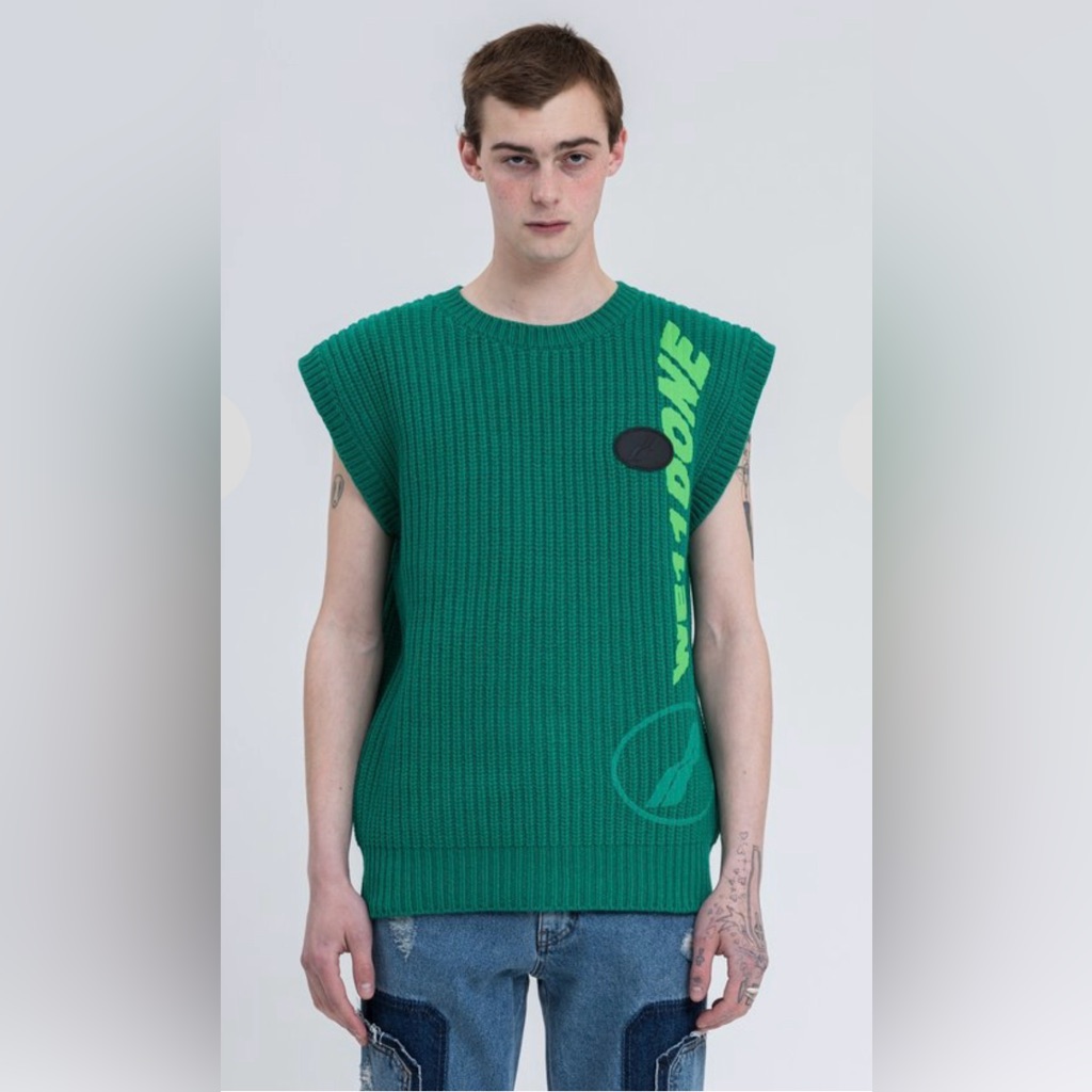 We11done Green Wool-Blend Square Knit Vest With Logo